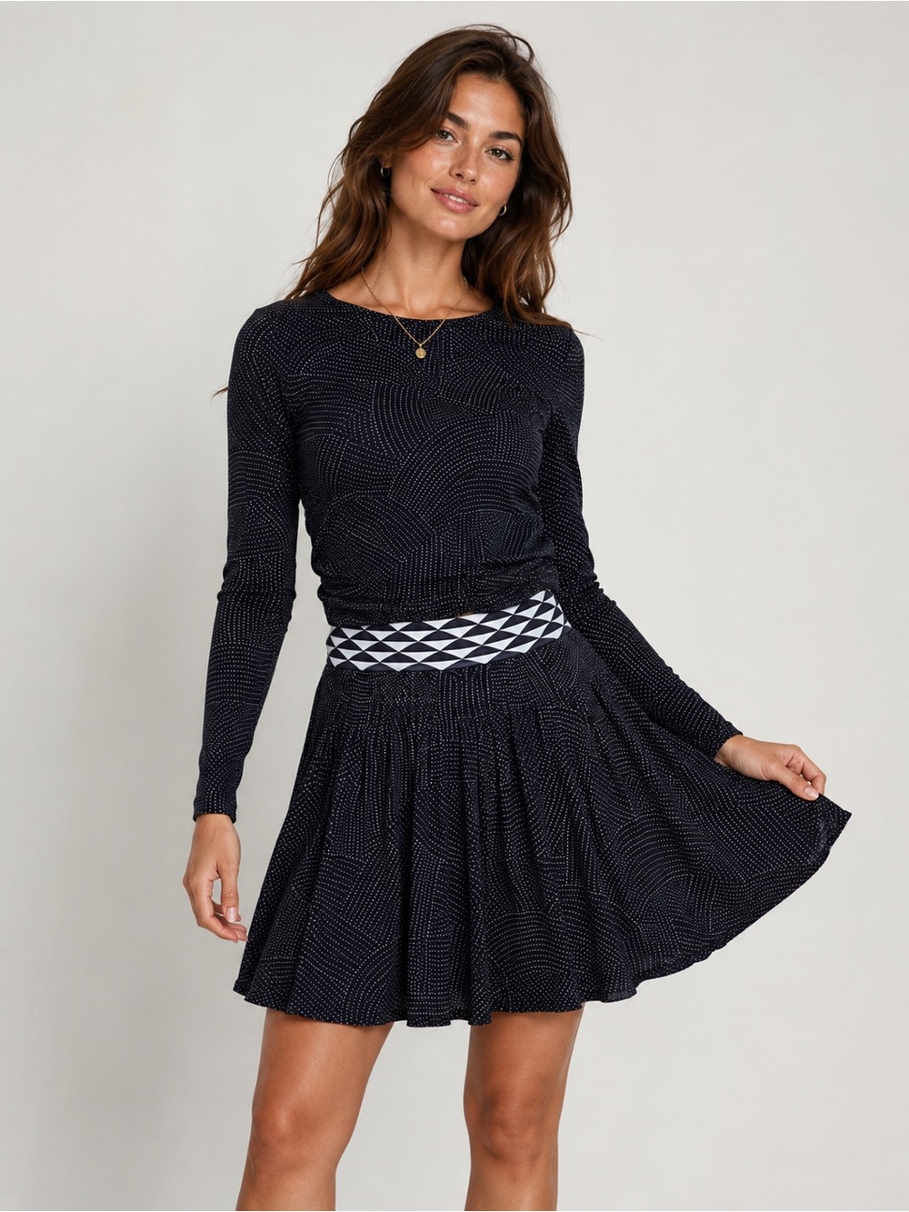 NWT DKNY City Sheer  Silk 2 Piece Set Navy Abstract Top & Flare Pleated Skirt